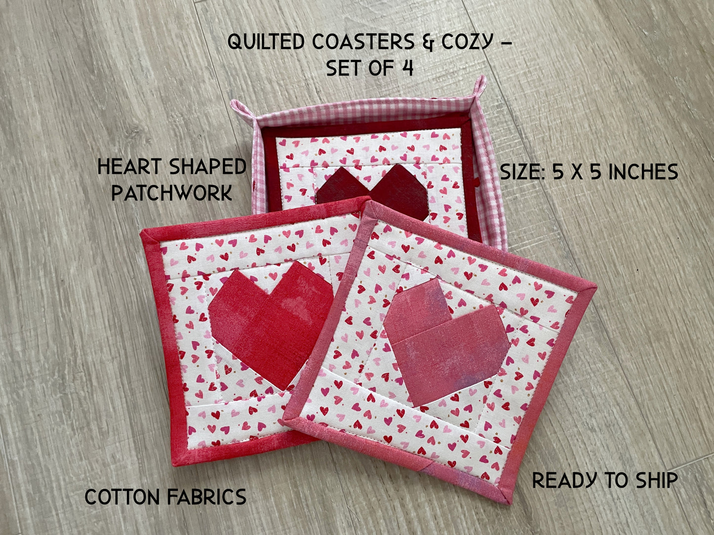 Quilted Fabric Coasters, Set of 4 Handmade Drink Mats with Holder
