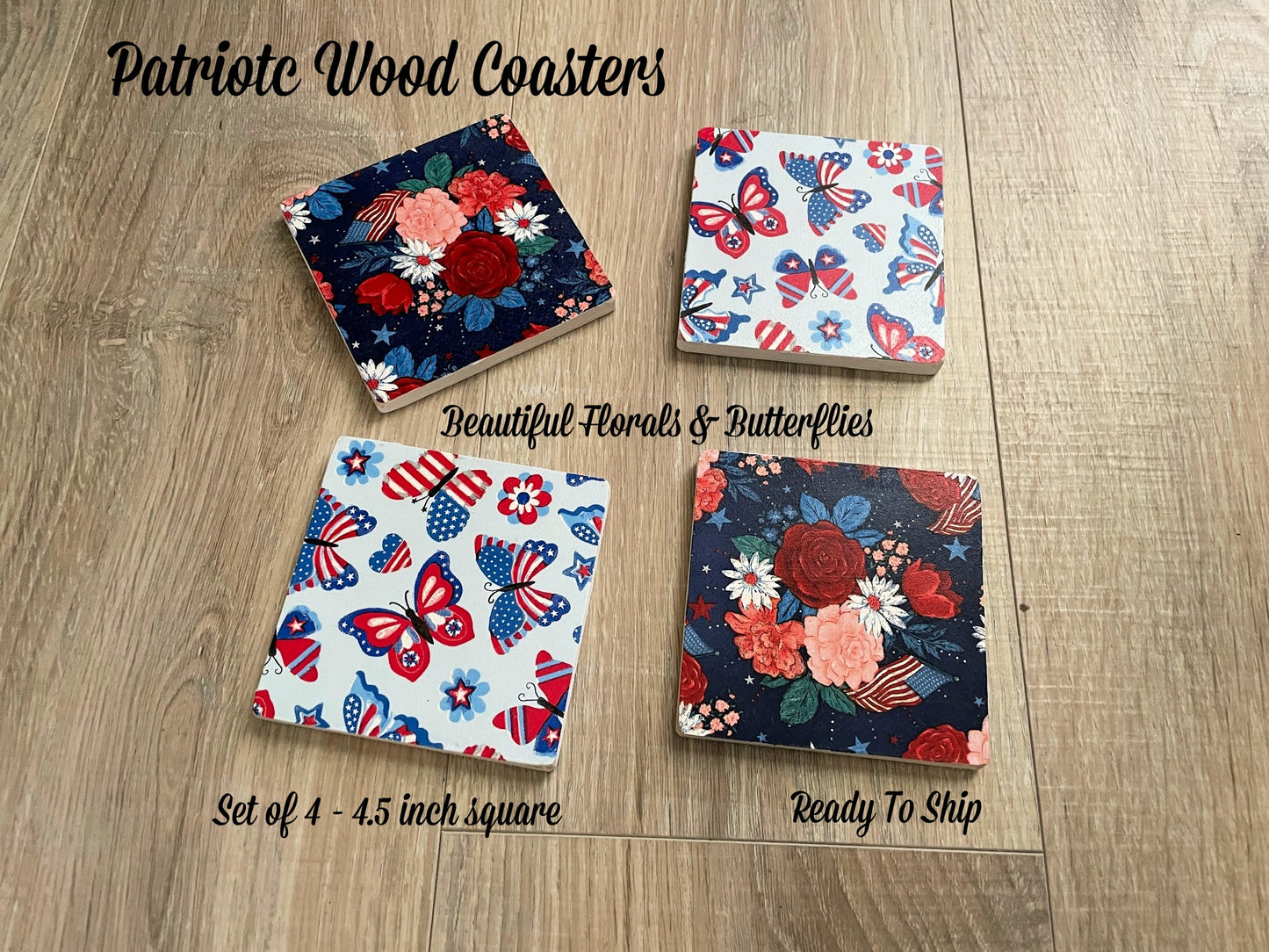 Patriotic Wood Coaster Gift, Set of 4 Handmade Wooden Coasters