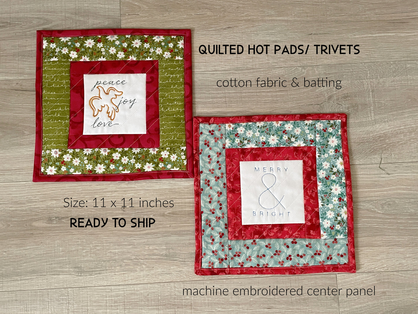 Farmhouse Christmas Patchwork Potholders - Set of 2 Quilted Hot Pads with Embroidery