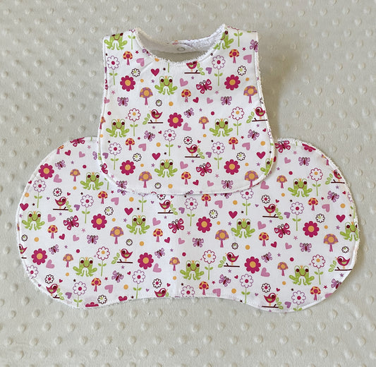 Baby Girl Bib and Burp Cloth Gift Set -  Adorable Flowers, Frogs, and Mushrooms