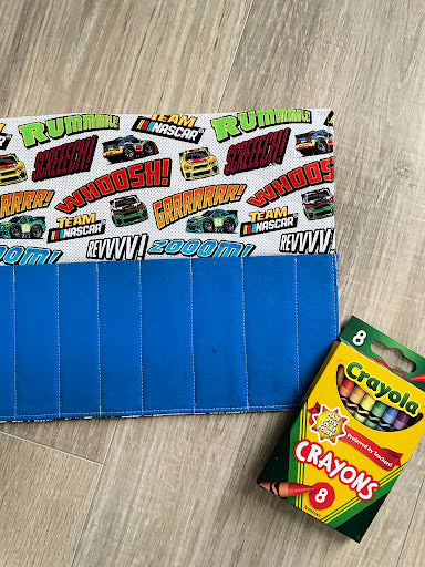 Handmade Crayon Roll Up, Crayon Tote, Crayon Holder featuring Race Cars with Included Crayons