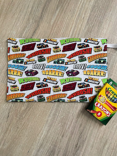 Handmade Crayon Roll Up, Crayon Tote, Crayon Holder featuring Race Cars with Included Crayons