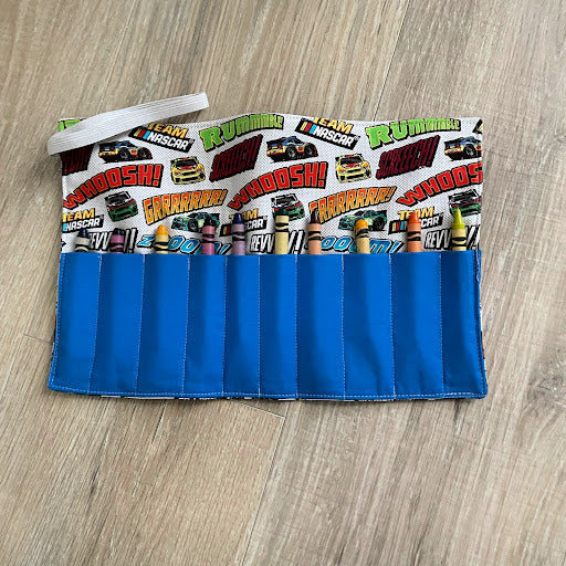 Handmade Crayon Roll Up, Crayon Tote, Crayon Holder featuring Race Cars with Included Crayons