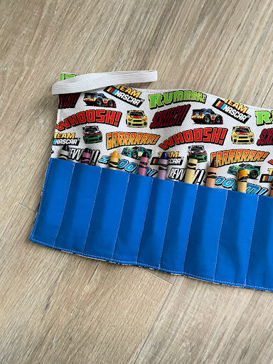 Handmade Crayon Roll Up, Crayon Tote, Crayon Holder featuring Race Cars with Included Crayons