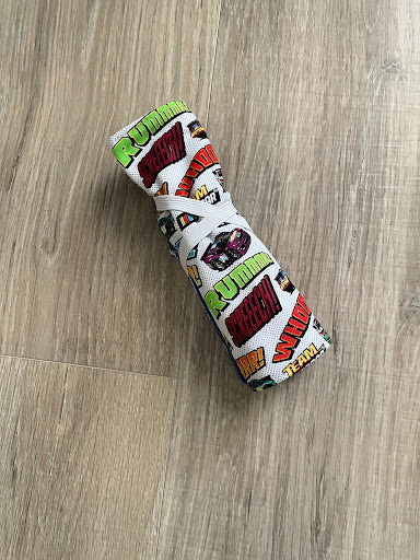 Handmade Crayon Roll Up, Crayon Tote, Crayon Holder featuring Race Cars with Included Crayons