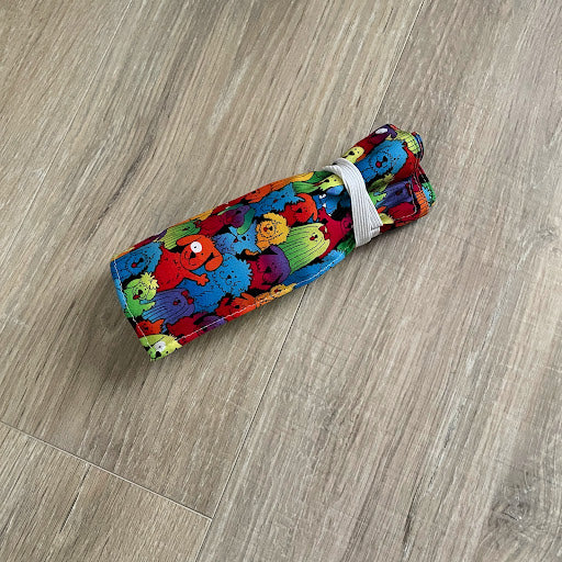 Handmade Crayon Roll Up, Crayon Tote, Crayon Holder featuring Colorful Dogs with Included Crayons
