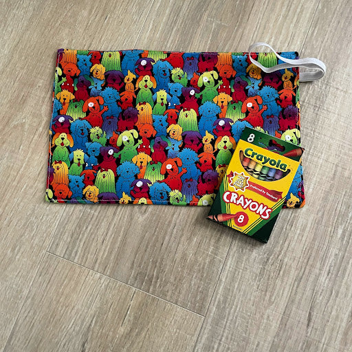 Handmade Crayon Roll Up, Crayon Tote, Crayon Holder featuring Colorful Dogs with Included Crayons