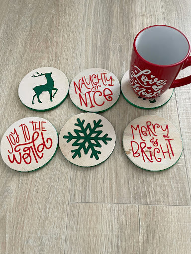Christmas Coasters, Set of 6 Wooden Holiday Coasters