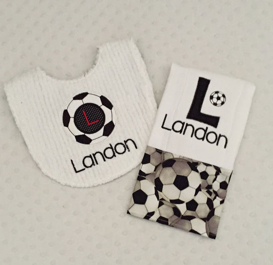 personalized baby boy bib and burp cloth soccer theme in red and black