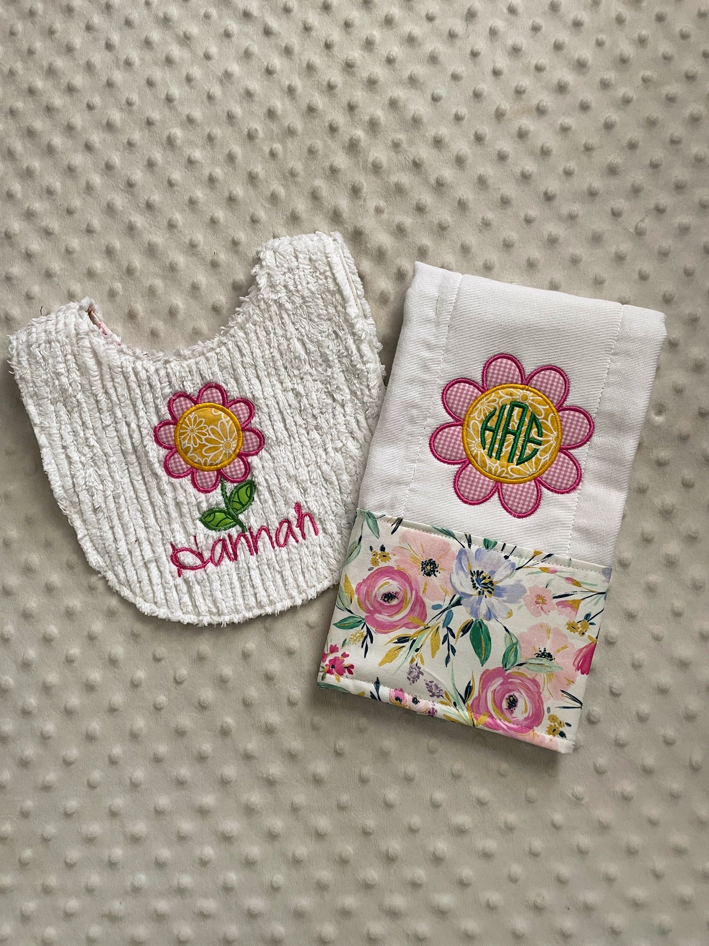 Handmade Baby Girl Gift - Personalized Bib and Burp Cloth in Pastel Florals