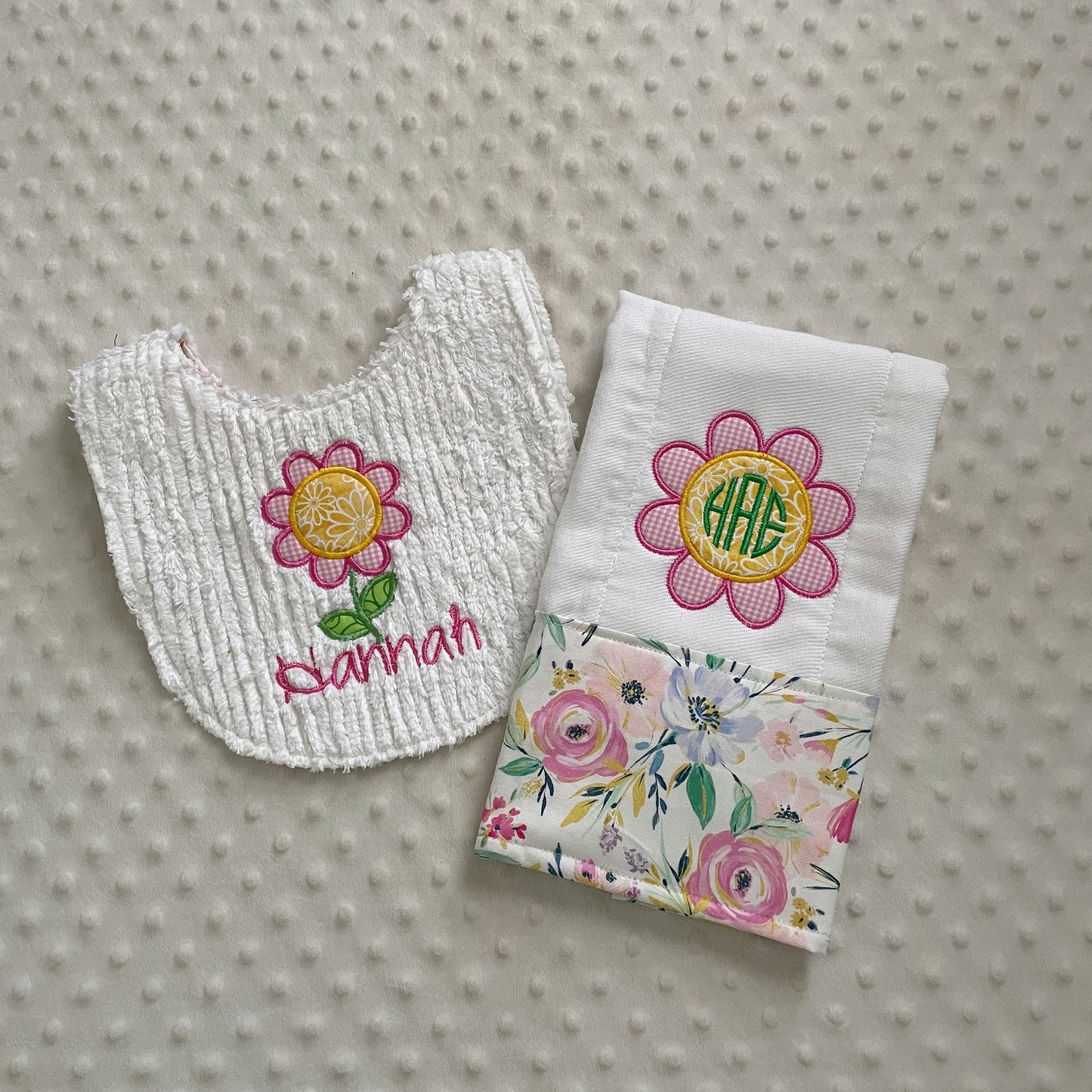 Handmade Baby Girl Gift - Personalized Bib and Burp Cloth in Pastel Florals