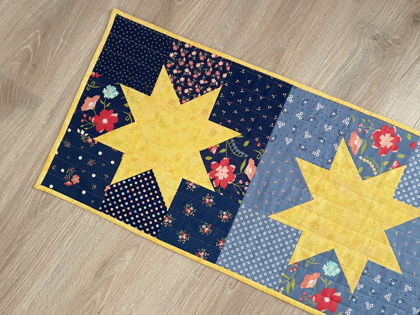 Quilted Table Runner, Simple Stars Table Decor, Blue and Yellow Farmhouse Handmade Runner, 14 x 41 inches