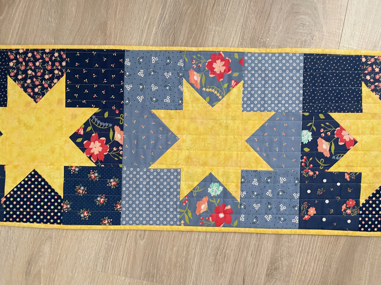Quilted Table Runner, Simple Stars Table Decor, Blue and Yellow Farmhouse Handmade Runner, 14 x 41 inches