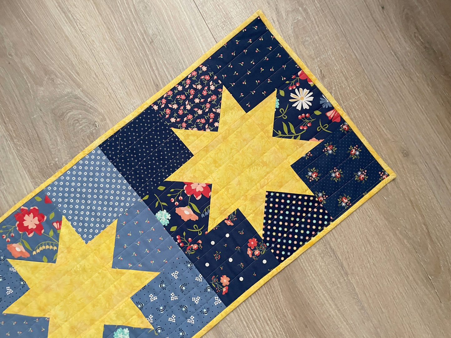Quilted Table Runner, Simple Stars Table Decor, Blue and Yellow Farmhouse Handmade Runner, 14 x 41 inches