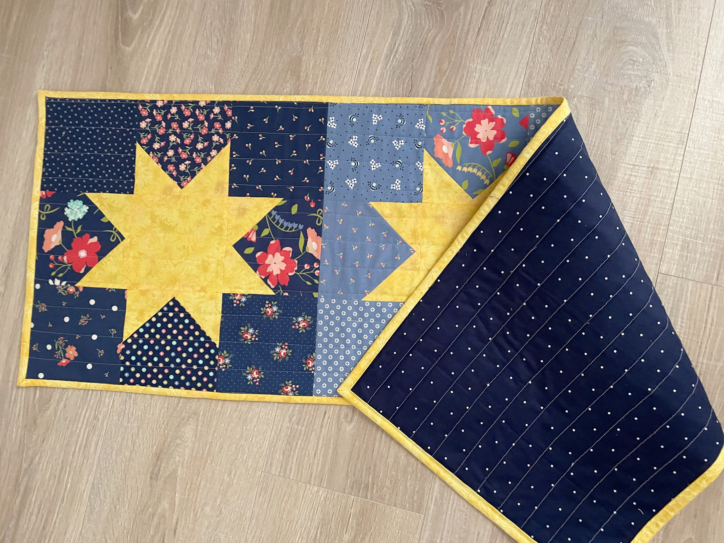 Quilted Table Runner, Simple Stars Table Decor, Blue and Yellow Farmhouse Handmade Runner, 14 x 41 inches