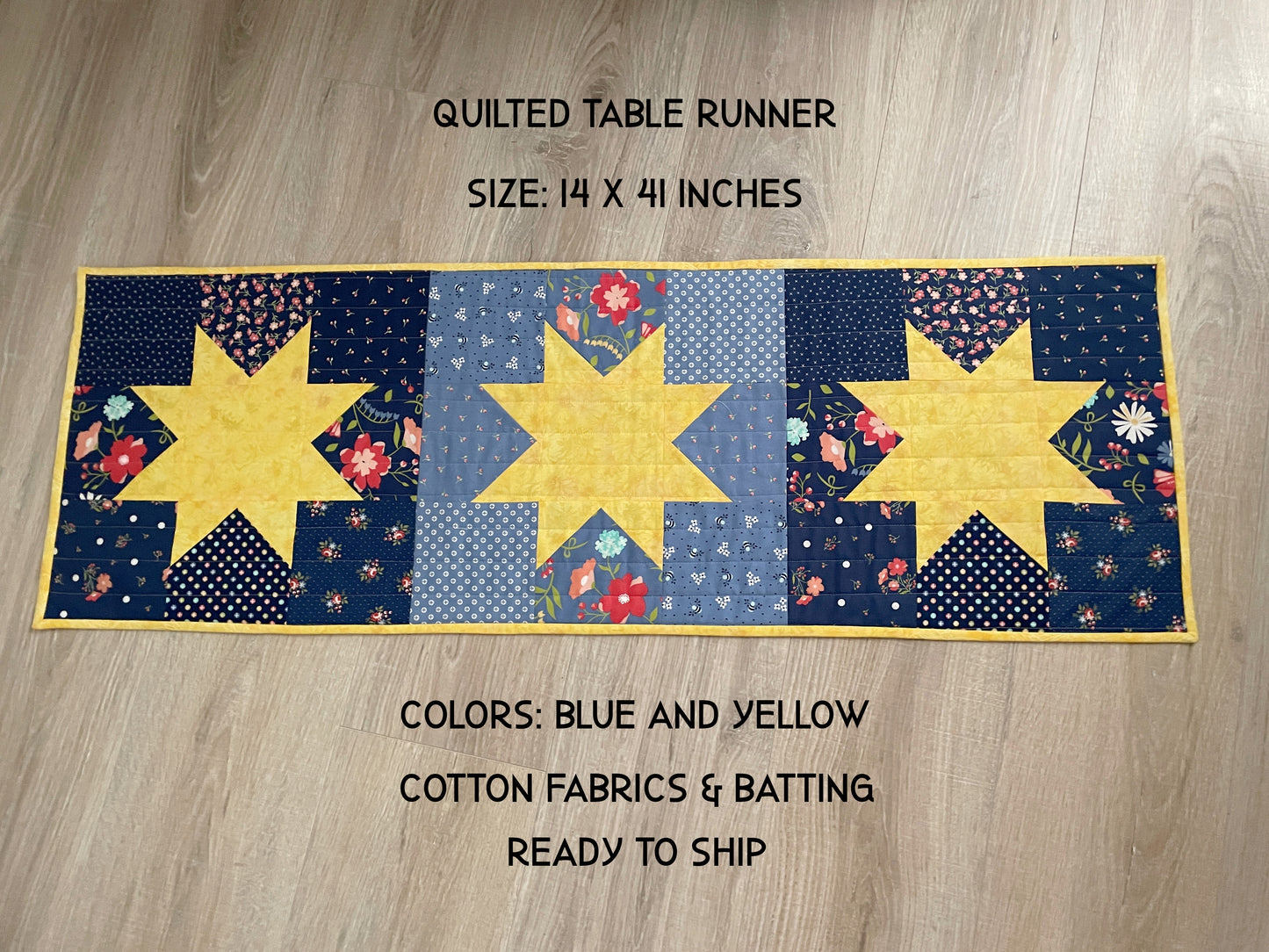 Quilted Table Runner, Simple Stars Table Decor, Blue and Yellow Farmhouse Handmade Runner, 14 x 41 inches