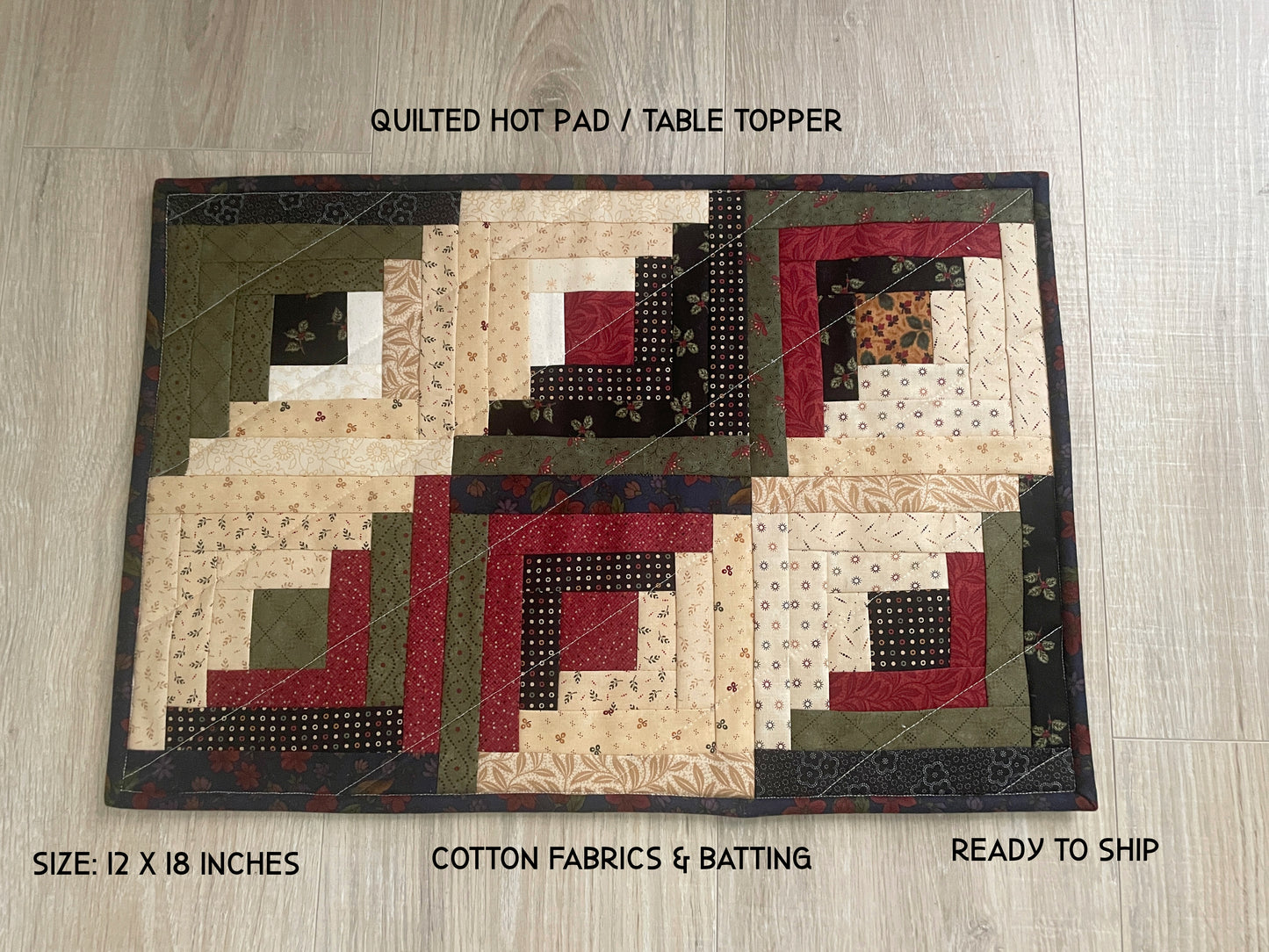 Log Cabin Table Topper, 12 x 18 Handmade Quilted Casserole Mat, Country Fall/Winter Decor