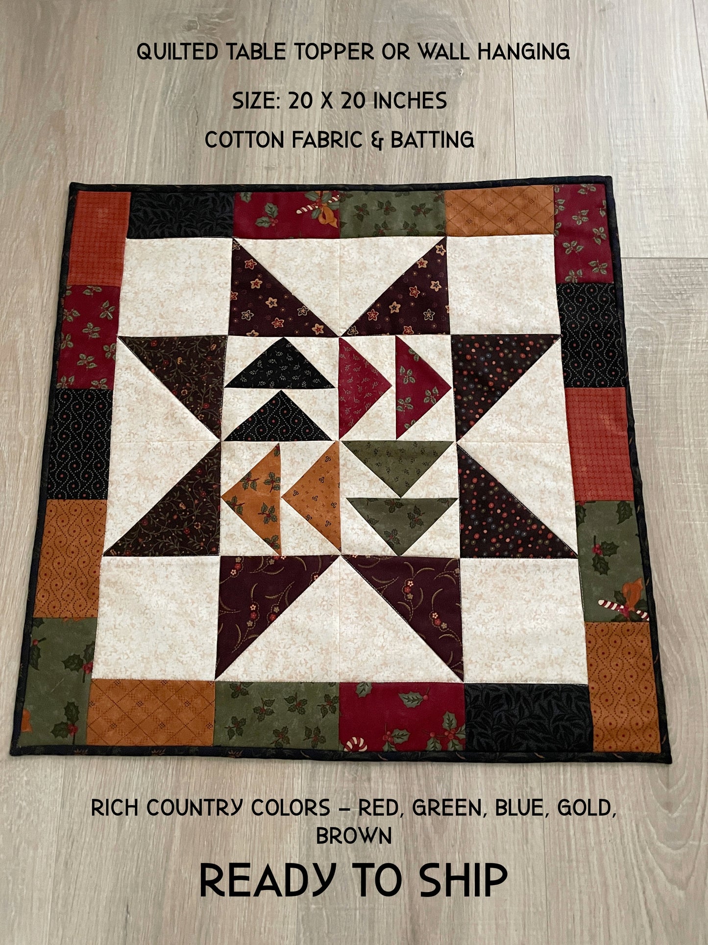 Quilted Table Topper, Country Farmhouse Wall Art, 20 x 20 Inches