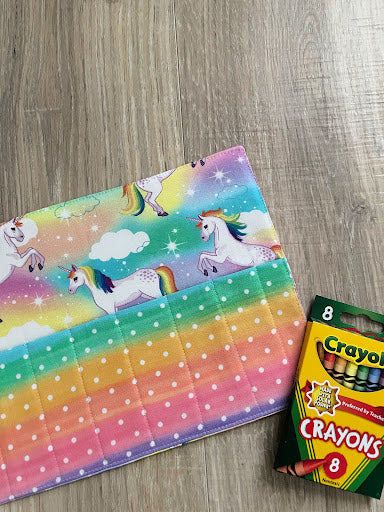 Handmade Crayon Roll Up, Crayon Tote, Crayon Holder featuring Rainbow Unicorns with Included Crayons