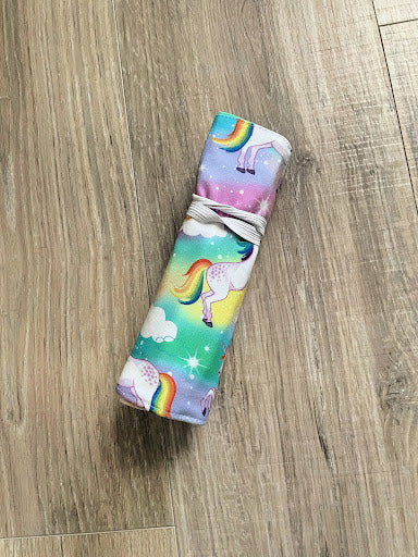 Handmade Crayon Roll Up, Crayon Tote, Crayon Holder featuring Rainbow Unicorns with Included Crayons