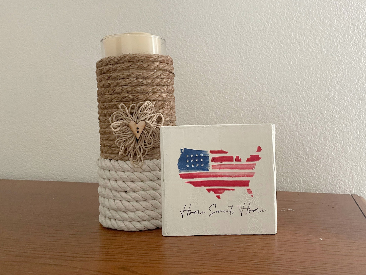 Patriotic Wood Block Sign, Tier Tray Shelf Sitter, USA Flag Home Sweet Home Decor