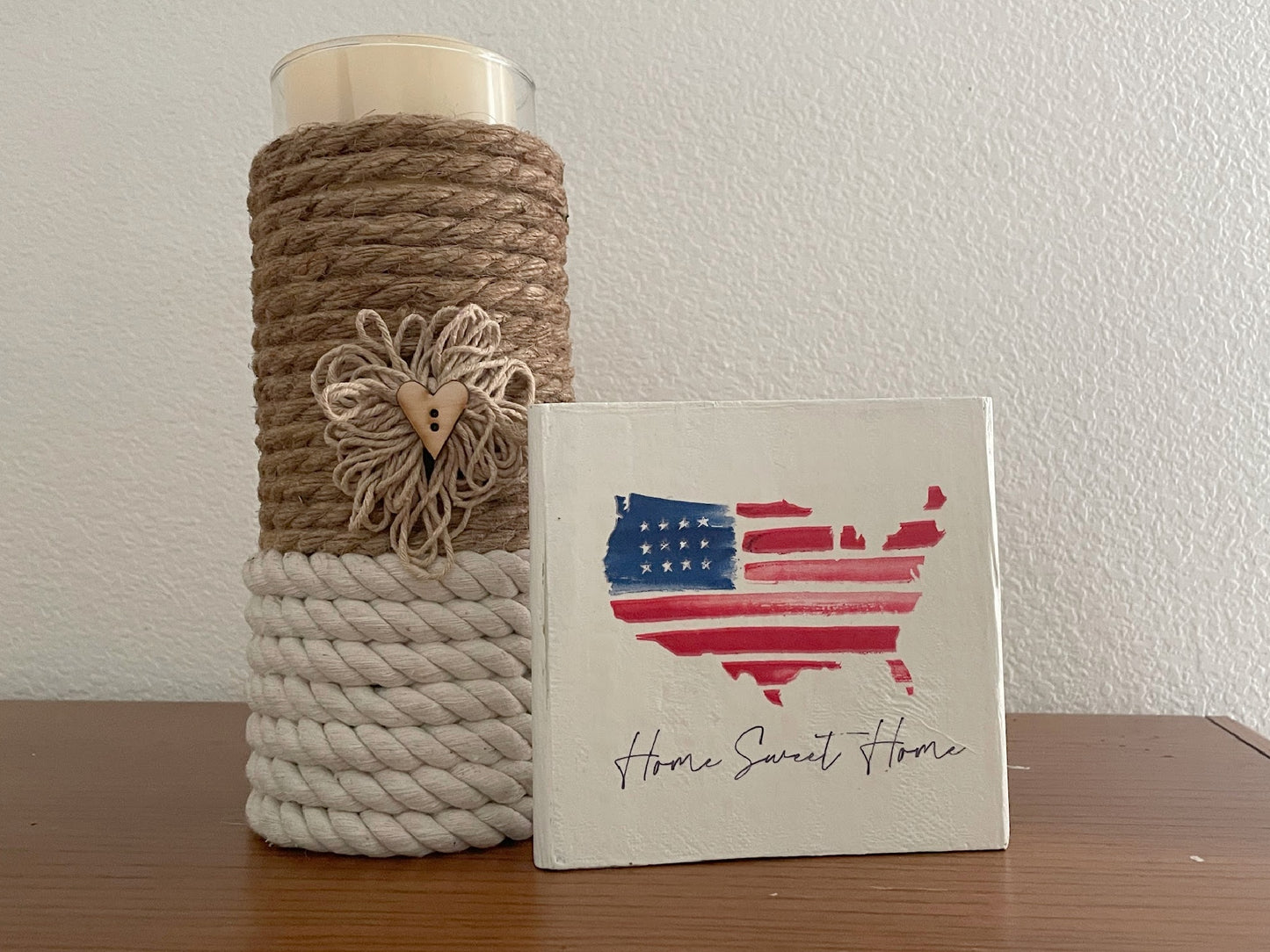 Patriotic Wood Block Sign, Tier Tray Shelf Sitter, USA Flag Home Sweet Home Decor