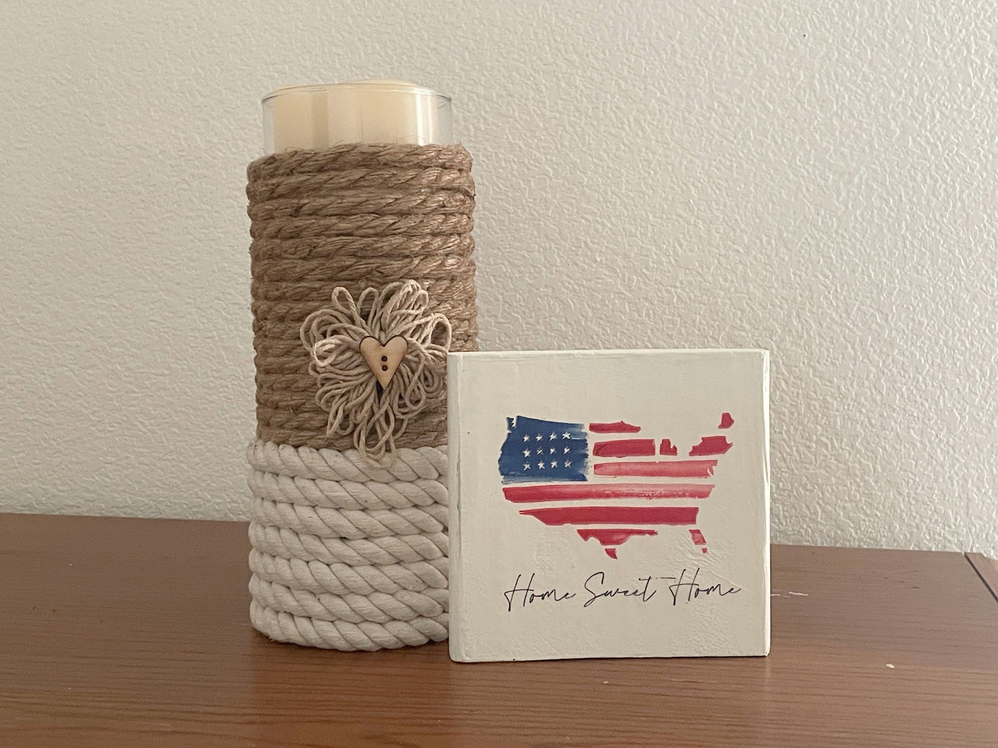 Patriotic Wood Block Sign, Tier Tray Shelf Sitter, USA Flag Home Sweet Home Decor