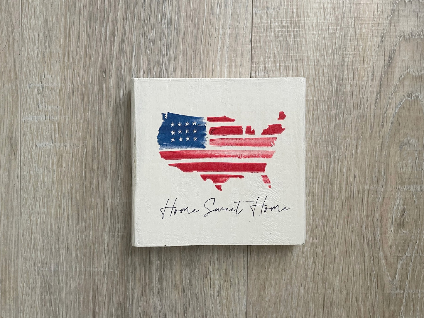 Patriotic Wood Block Sign, Tier Tray Shelf Sitter, USA Flag Home Sweet Home Decor