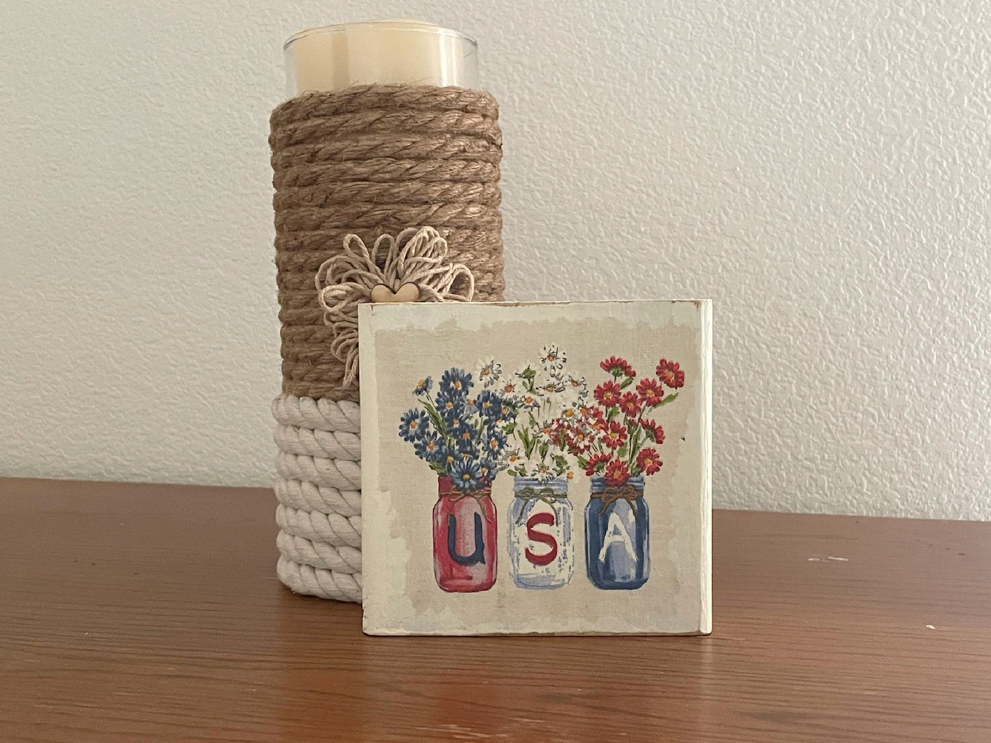 Patriotic Wood Block Sign, Tier Tray Shelf Sitter USA Home Decor