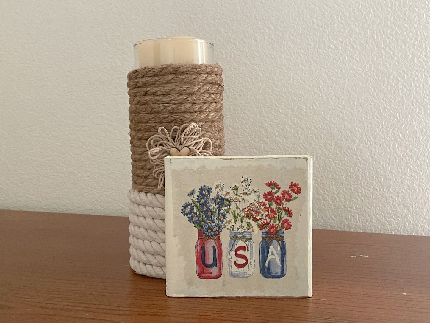 Patriotic Wood Block Sign, Tier Tray Shelf Sitter USA Home Decor