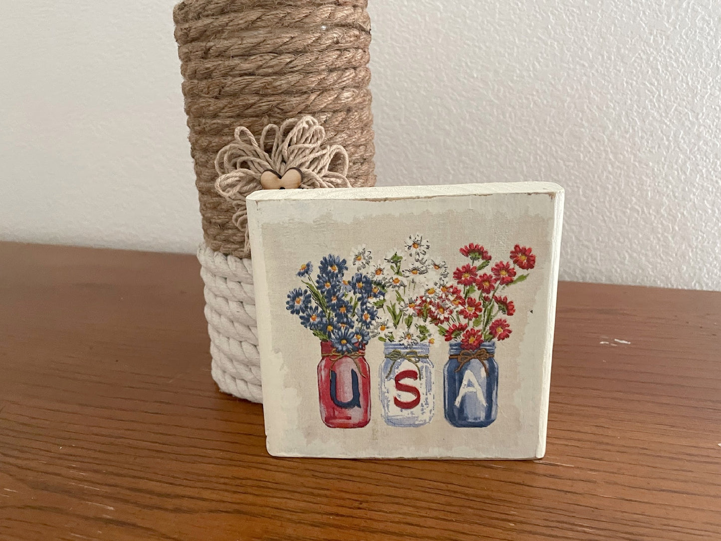 Patriotic Wood Block Sign, Tier Tray Shelf Sitter USA Home Decor