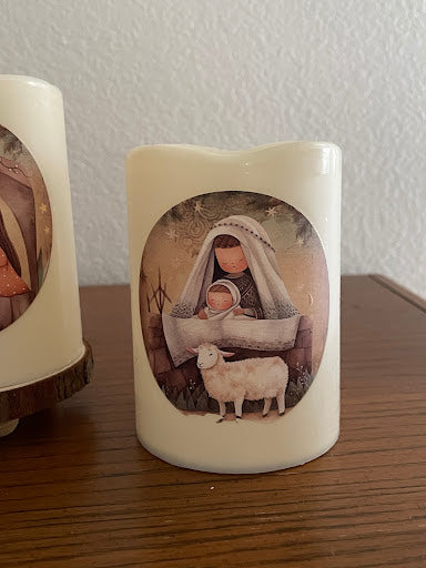 Christian Themed LED candle gift set, Rustic Nativity Christmas Decor, Set of 2 Flickering LED Pillar Candles