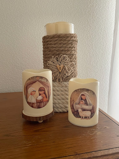 Christian Themed LED candle gift set, Rustic Nativity Christmas Decor, Set of 2 Flickering LED Pillar Candles