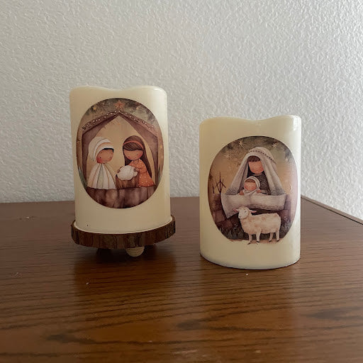 Christian Themed LED candle gift set, Rustic Nativity Christmas Decor, Set of 2 Flickering LED Pillar Candles