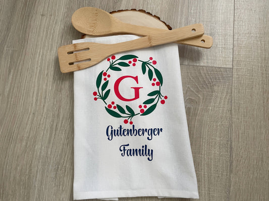 White cotton kitchen towel with Blue vintage stripes and personalized holiday family name wreath design.