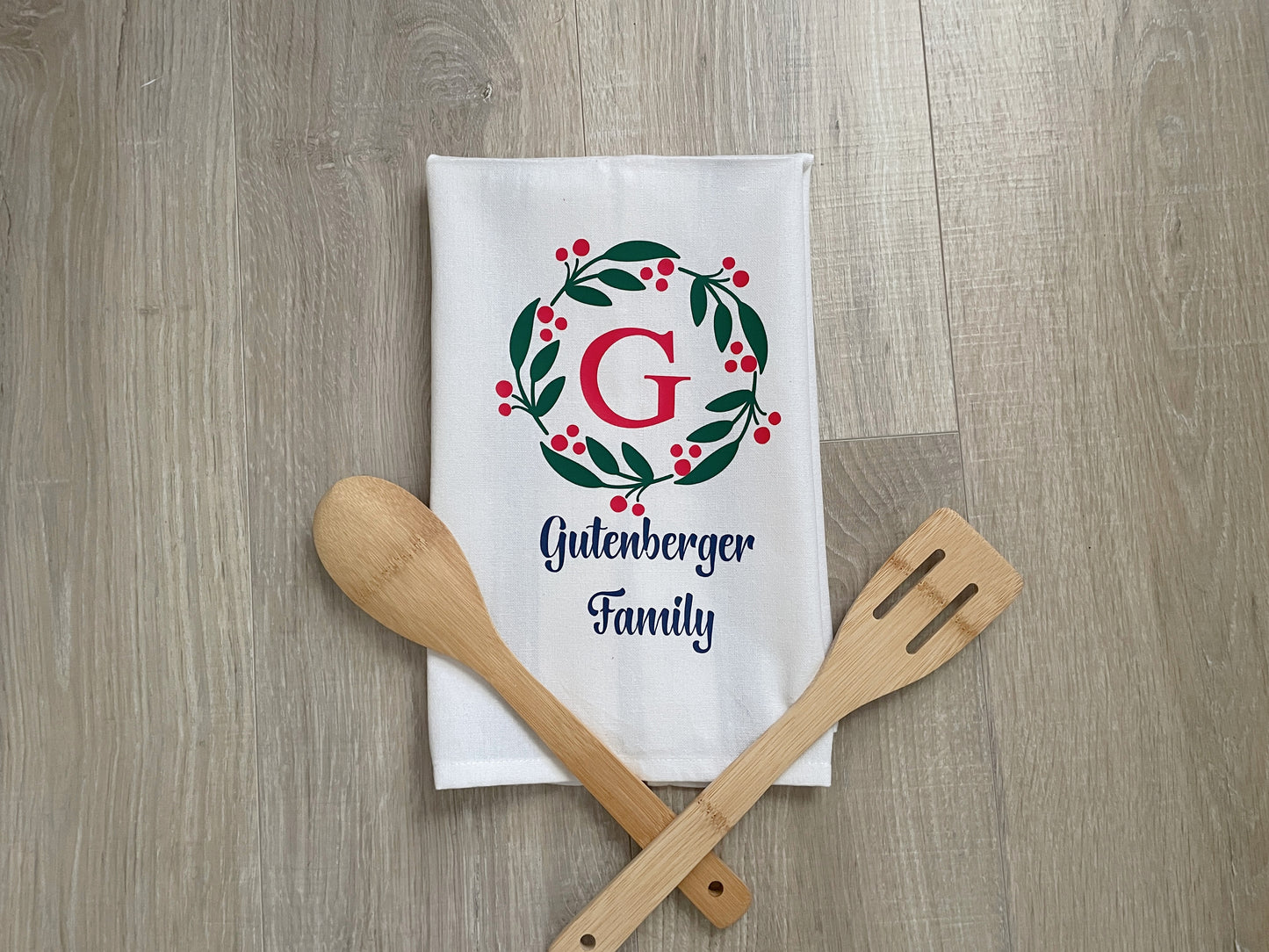 Personalized Christmas Kitchen Towel, Berry Wreath Monogram