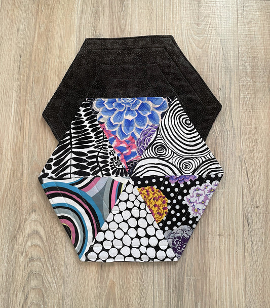 Quilted Modern Placemats, Black and White Hexagon Shaped
