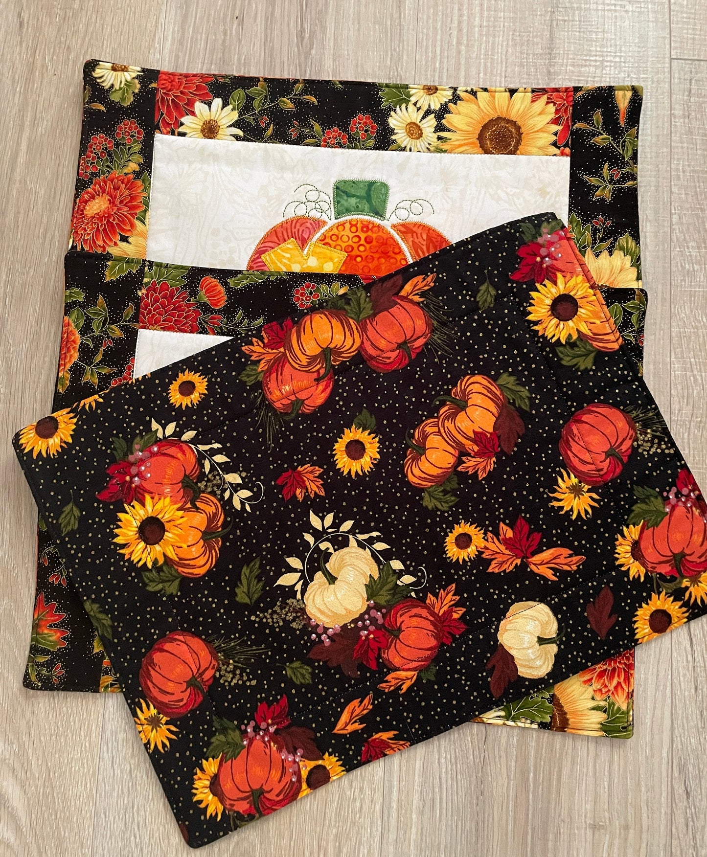 Handmade Fall Floral Pumpkin Placemats - Set of 4 - Quilted Harvest Table Decor