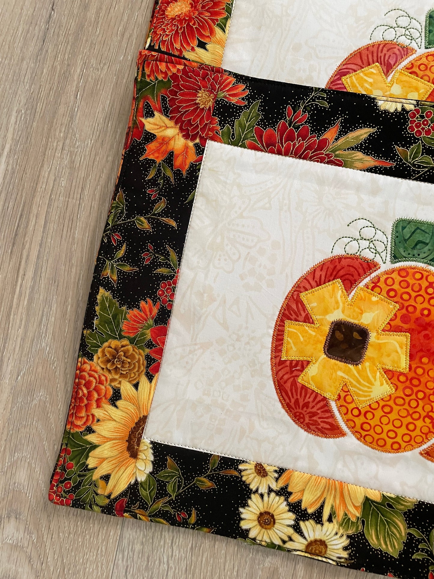 Handmade Fall Floral Pumpkin Placemats - Set of 4 - Quilted Harvest Table Decor