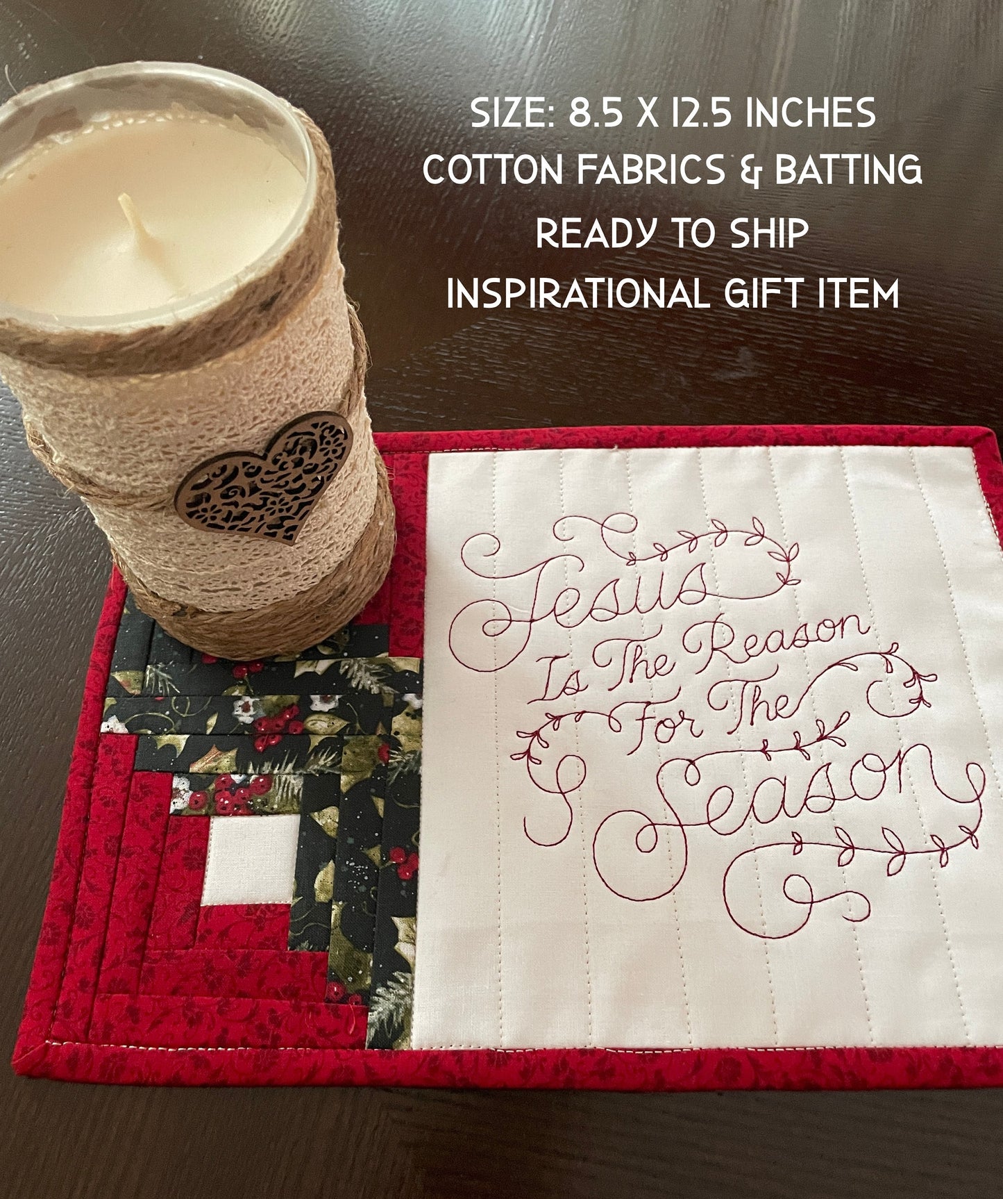 Handmade Mug Rug-, Jesus is the Reason Quilted Snack Mat, Christmas Patchwork Gift