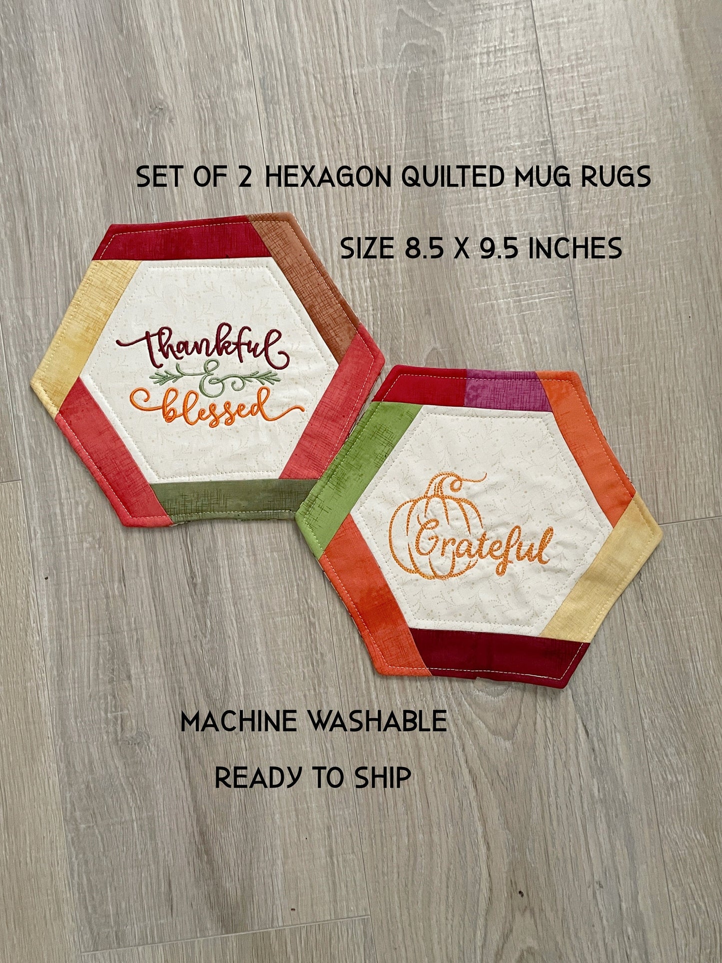 Autumn Drink Coasters, Quilted Mug Rug, Set of 2 Hexagon Shaped