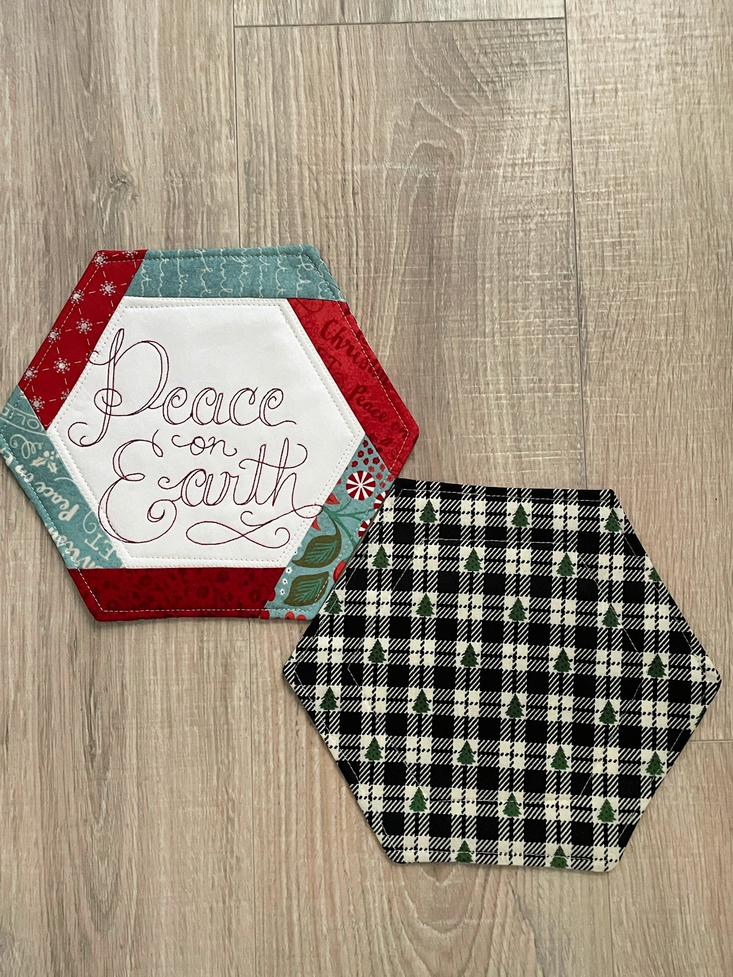 Set of 2 Quilted Fabric Coasters, Holiday Hexagon Mug Rugs, Embroidered Christmas Stocking Stuffer Gift