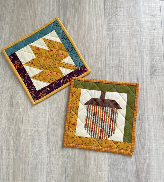 Set of two fall handmade potholders, patchwork design maple leaf and acorn