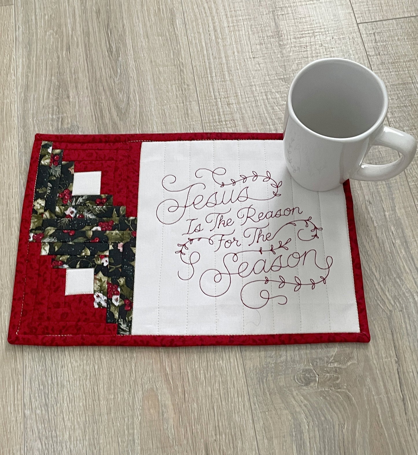 Handmade Mug Rug-, Jesus is the Reason Quilted Snack Mat, Christmas Patchwork Gift