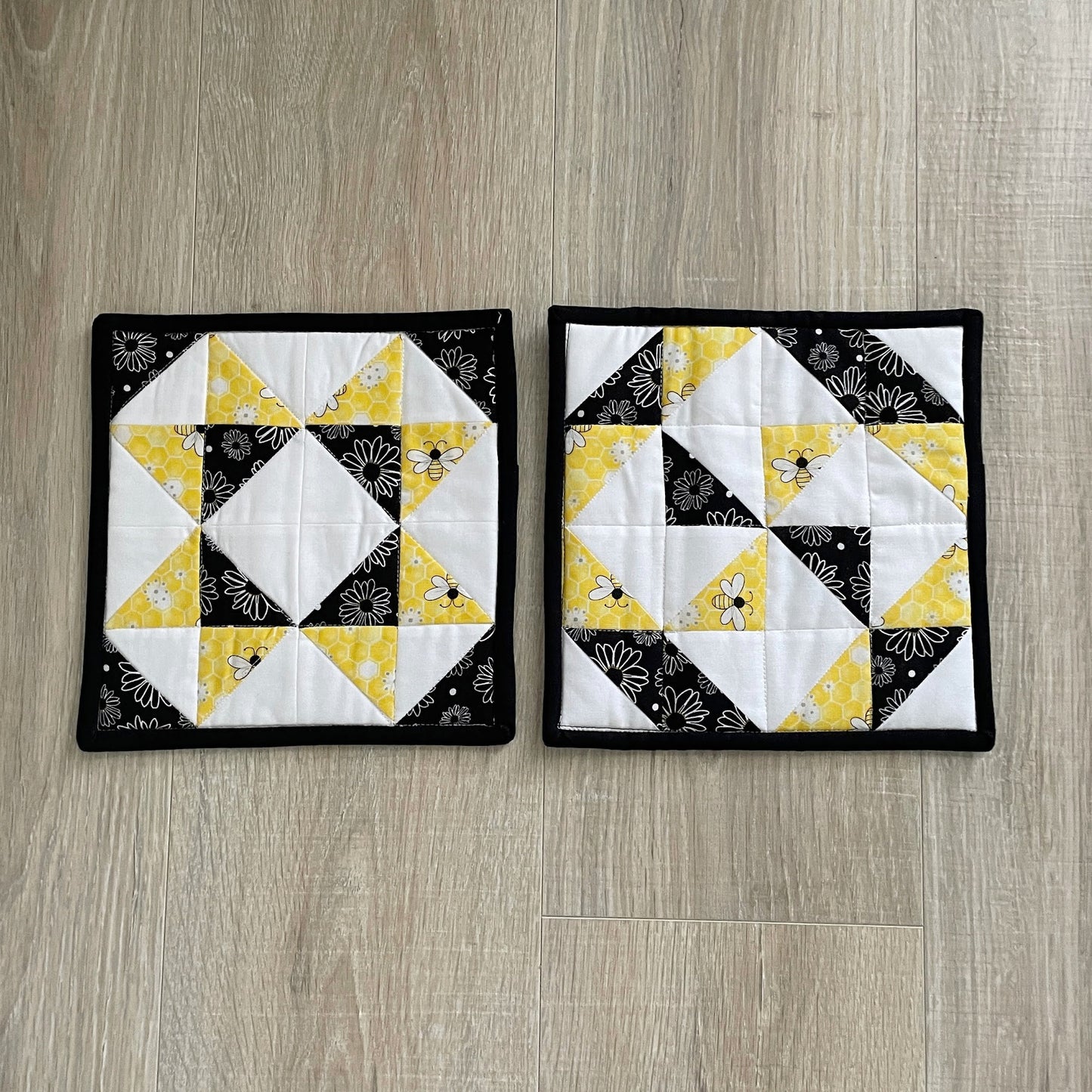 Set of 2 Quilted Potholders in Black and Yellow Bumble Bee - Kitchen Decor