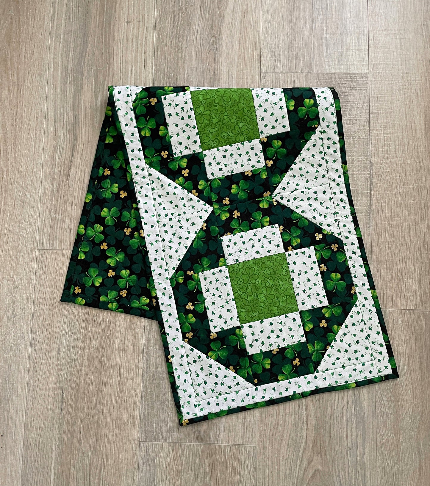 Handmade Green and White St. Patrick's Day Table Runner, Modern Cross Patchwork Design