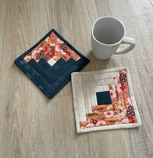 set of two fabric coasters, log cabin quilt block, in dark teal and off white with peach flowers