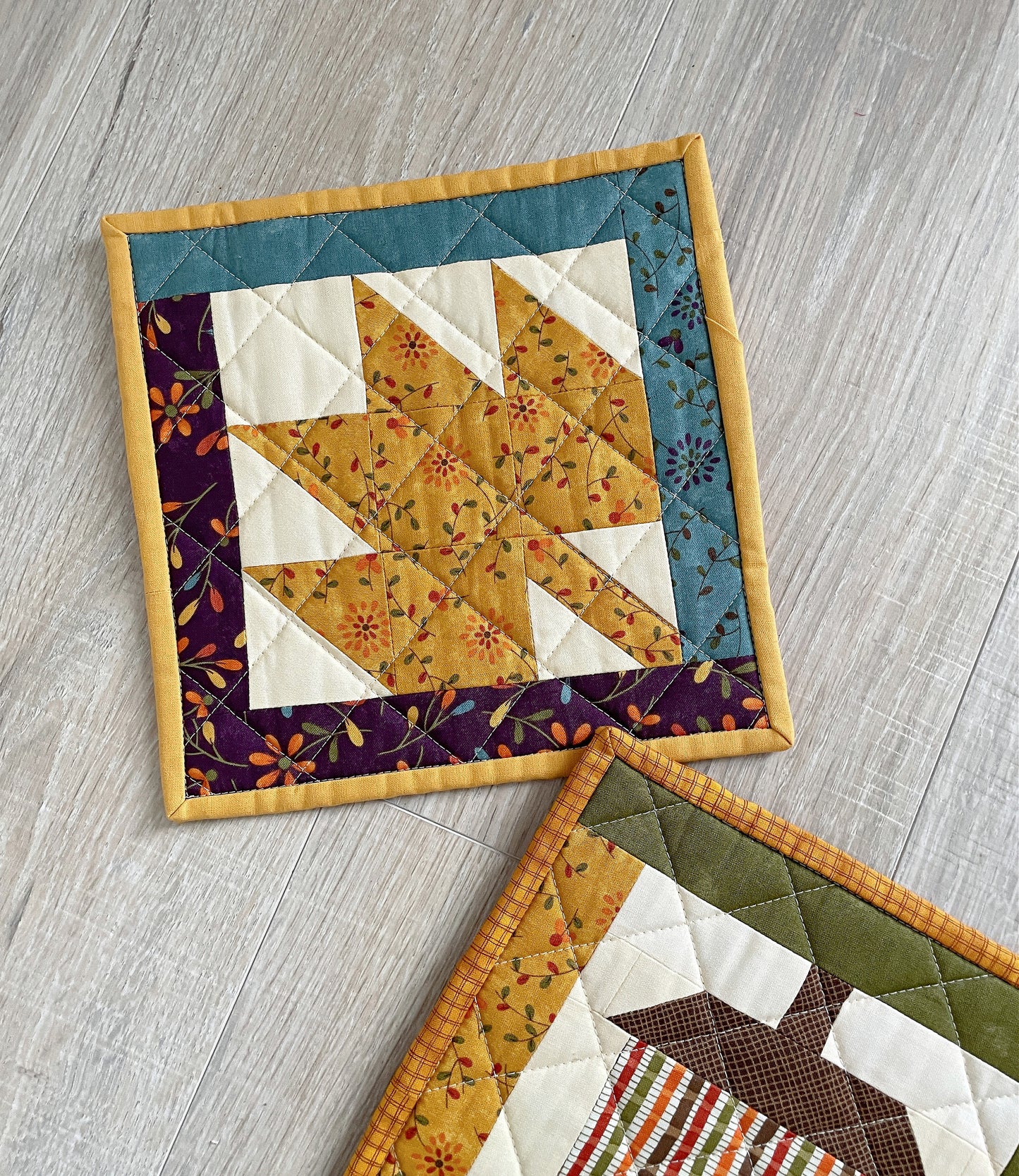 Set of 2 Handmade Quilted Potholders for Fall Kitchen Decor