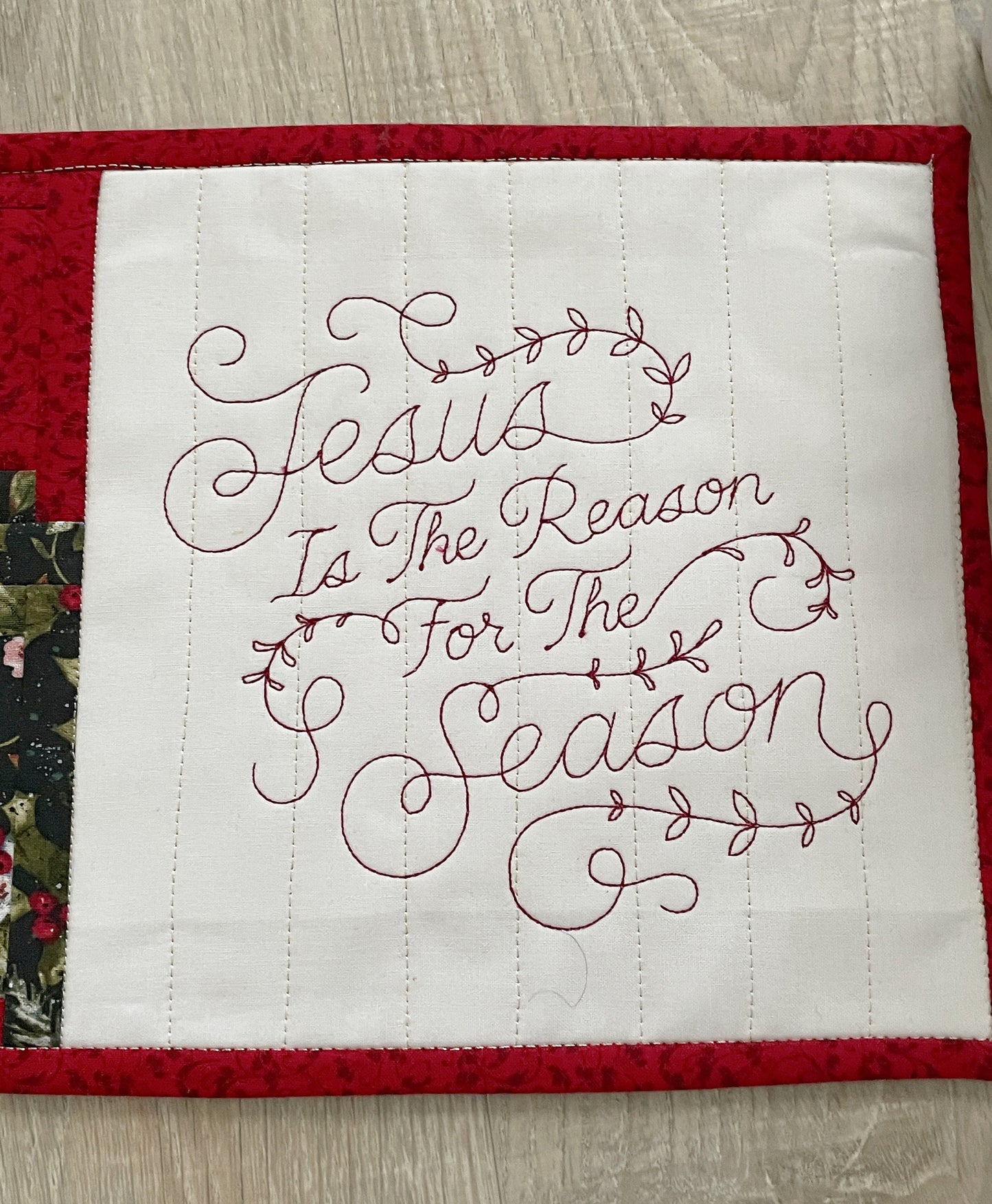 Handmade Mug Rug-, Jesus is the Reason Quilted Snack Mat, Christmas Patchwork Gift
