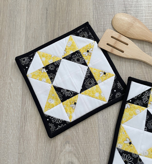 Quilted Potholders, Black and Yellow Bumble Bee Theme